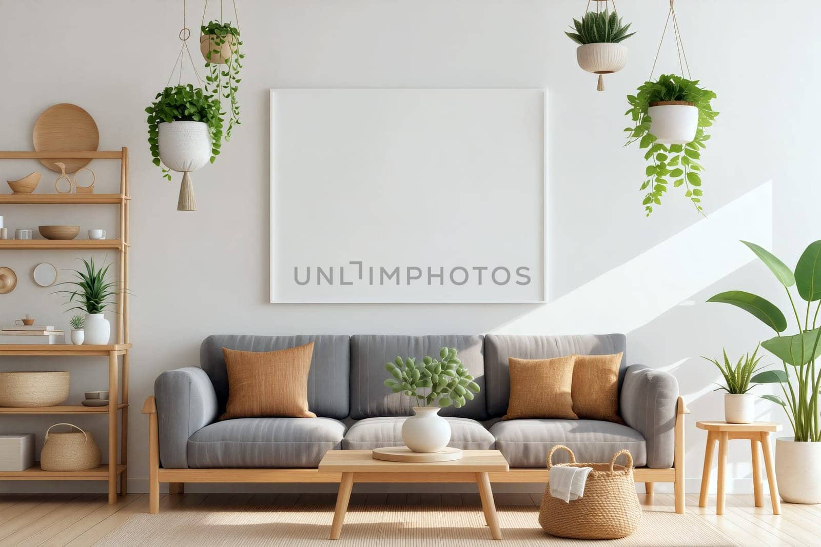 A soft gray sofa with pillows sits against a bright wall with hanging plants, creating a stylish and inviting space. interior design. Generative AI.
