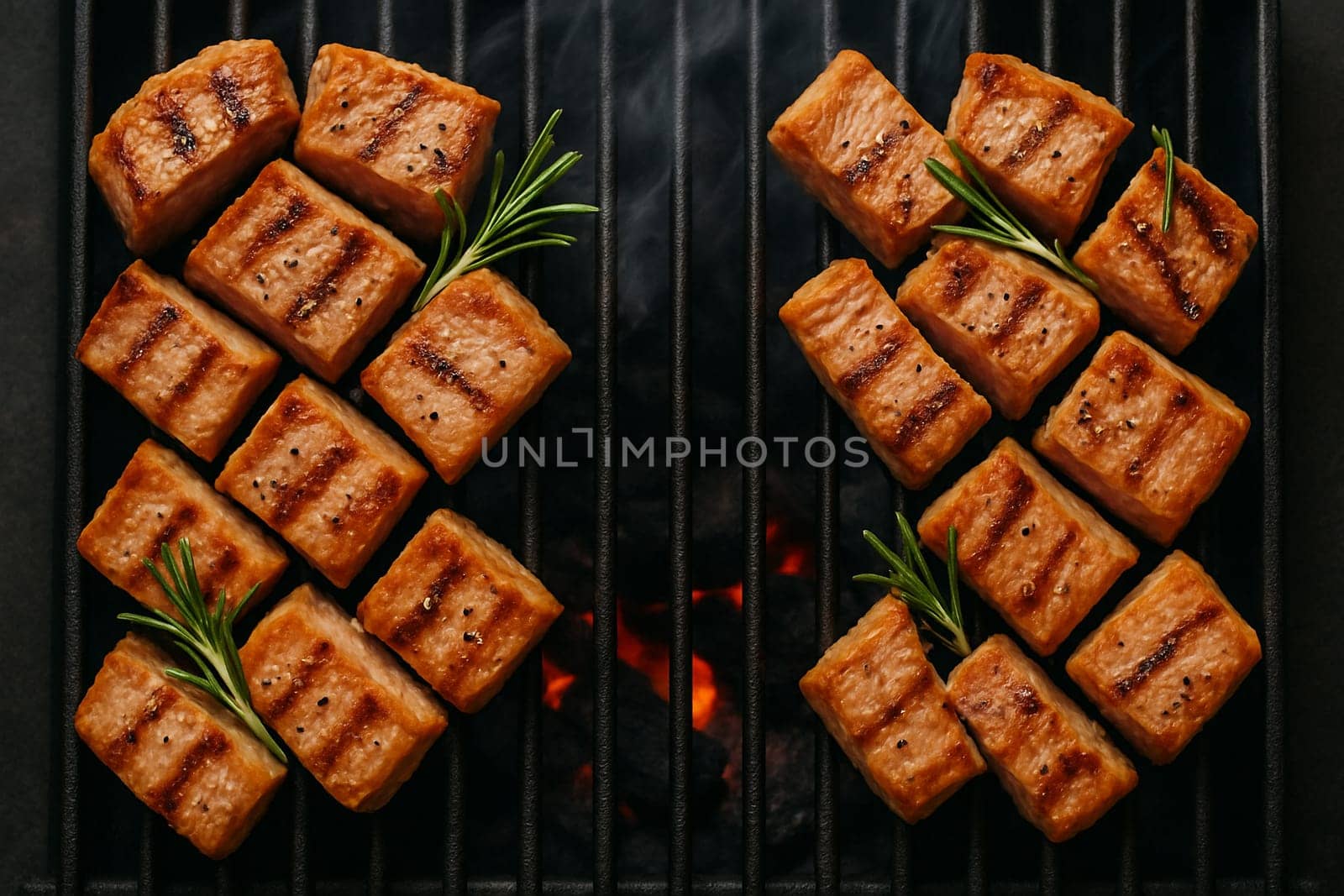 AI generated top view of succulent grilled pork steak pieces on a charcoal grill, perfectly cooked and seasoned with salt and black pepper. Garnished with fresh rosemary