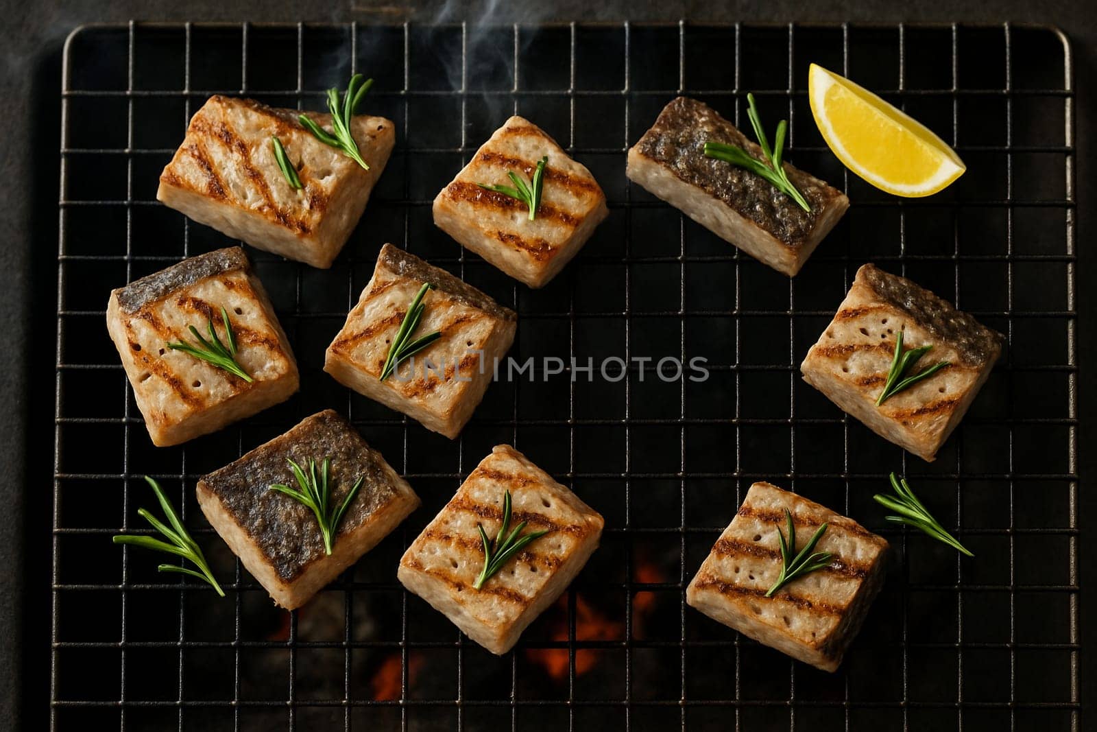 AI generated top view of premium tuna steak pieces grilled over charcoal, perfectly seared with light smoke. Seasoned with salt and black pepper, garnished with fresh rosemary and lemon slices.