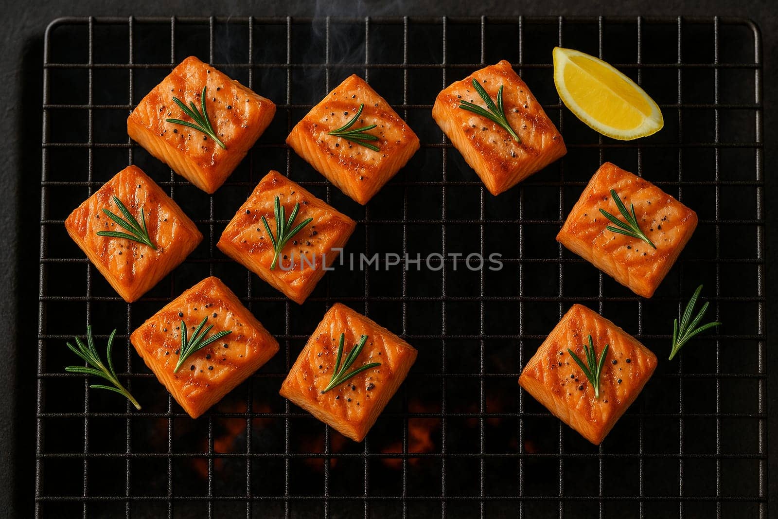 AI generated top view of succulent salmon steak pieces grilled over charcoal, perfectly cooked with crispy skin and light smoke. Seasoned with salt and black pepper, garnished with fresh rosemary.