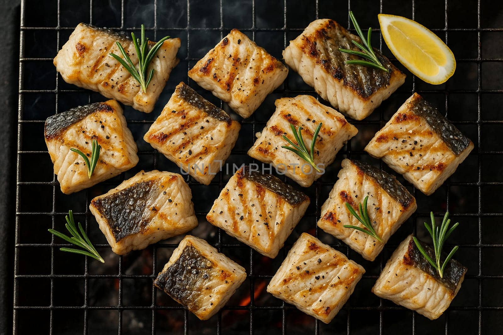 AI generated top view of succulent sea bass steak pieces grilled over charcoal, perfectly cooked with light smoke. Seasoned with salt and black pepper, garnished with fresh rosemary and lemon slices.