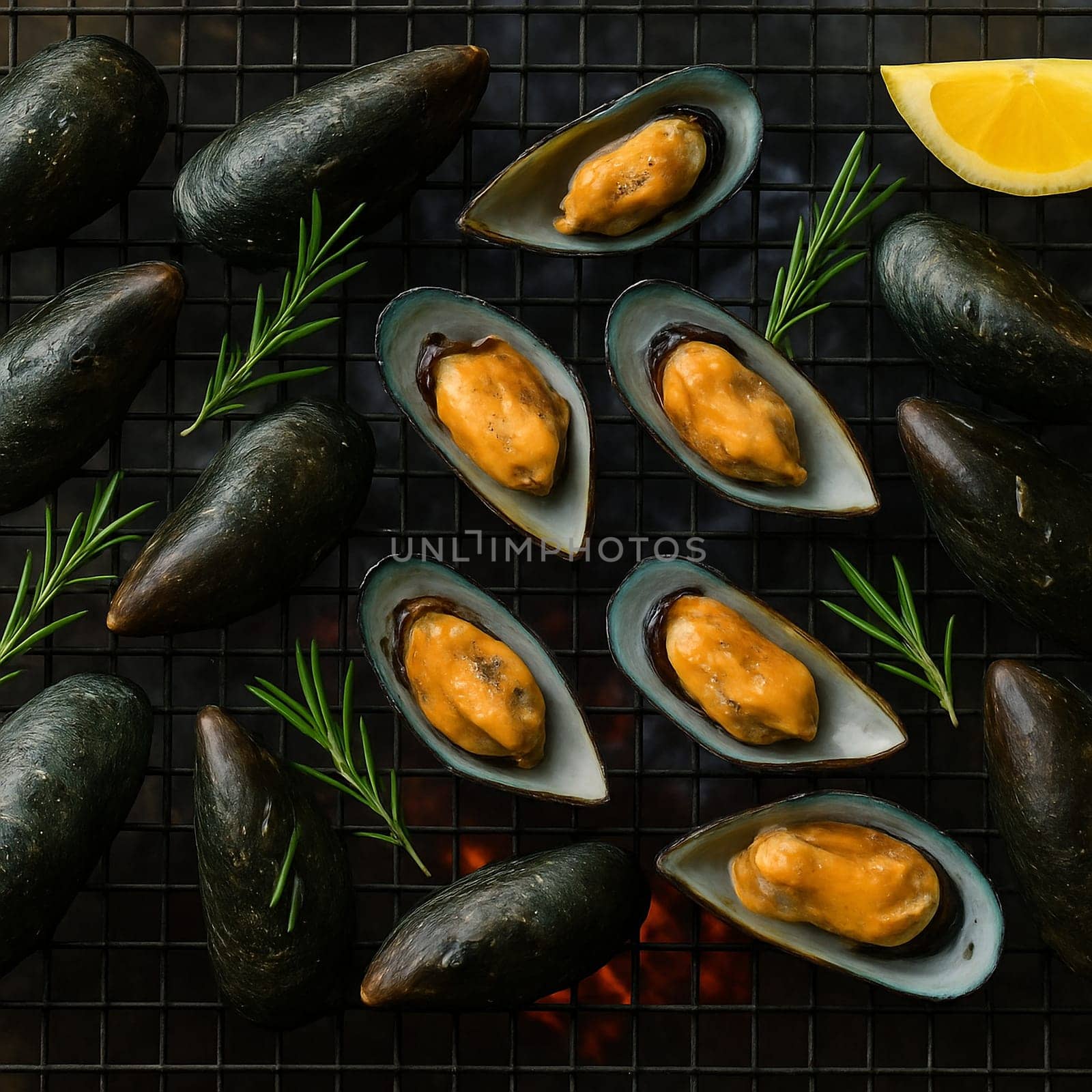 AI generated top view of fresh mussels grilled over charcoal, some shells open revealing plump meat inside. Perfectly cooked with smoky aroma, seasoned with salt and black pepper, garnished.