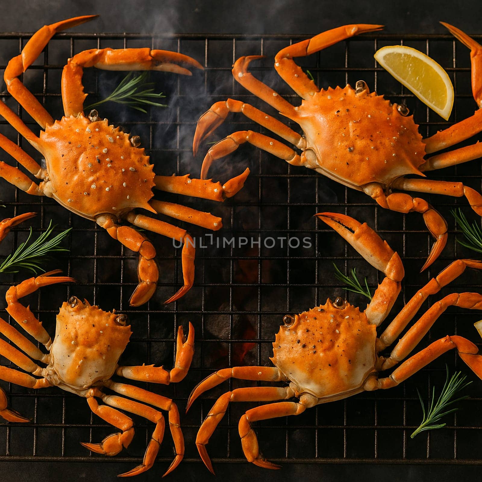 AI generated top view of premium snow crab grilled over charcoal, perfectly cooked with light smoky aroma and sweet tender meat. Seasoned with salt and black pepper, garnished with fresh rosemary.
