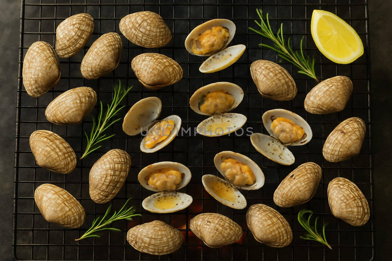 AI generated top view of fresh striped clams grilled over charcoal, some shells open revealing succulent meat inside. Perfectly cooked with smoky aroma, seasoned with salt and black pepper, garnished.
