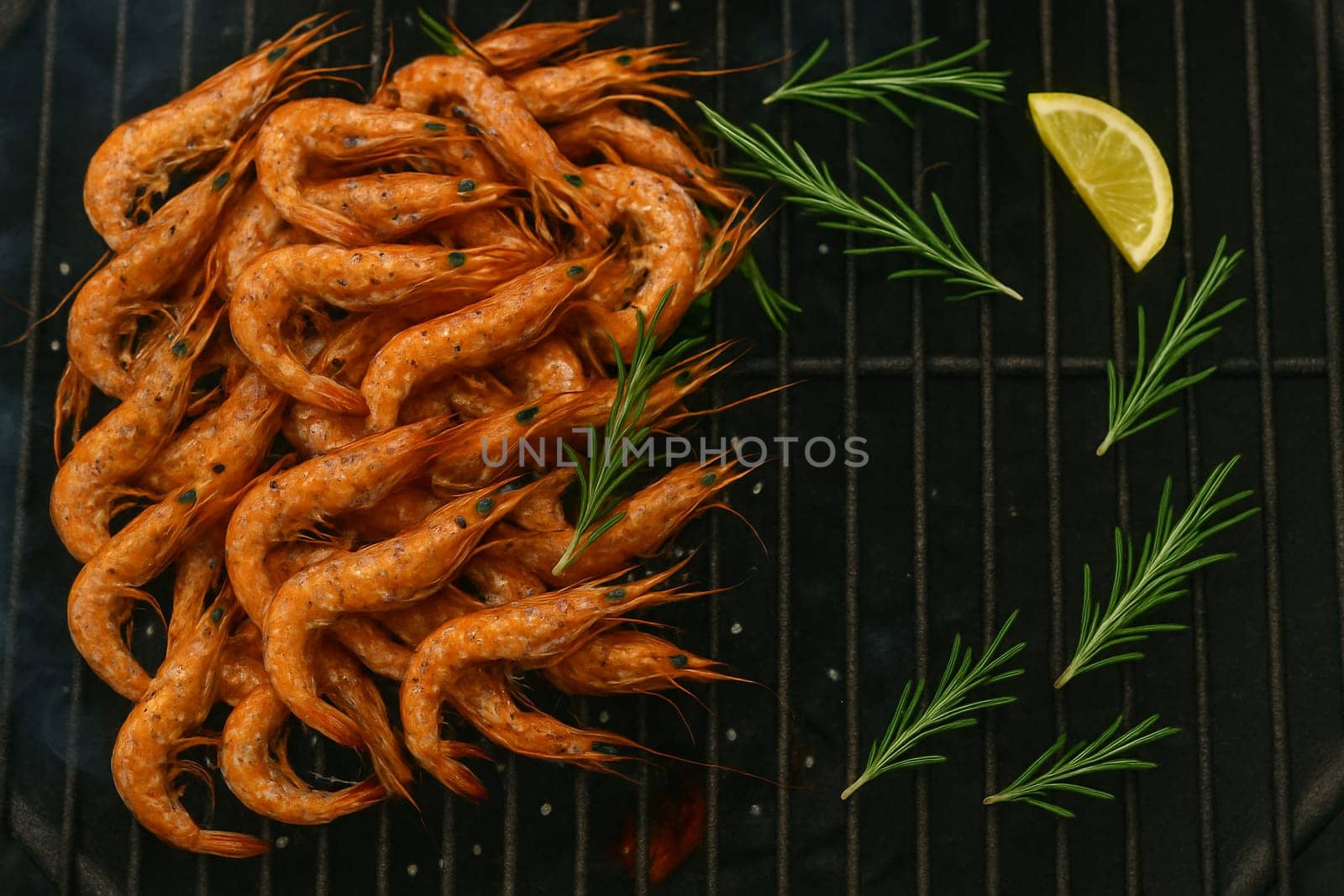 AI generated top view of fresh tiny shrimps grilled over charcoal, perfectly cooked with smoky aroma and crispy texture. Seasoned with salt and black pepper, garnished with rosemary and lemon slices.