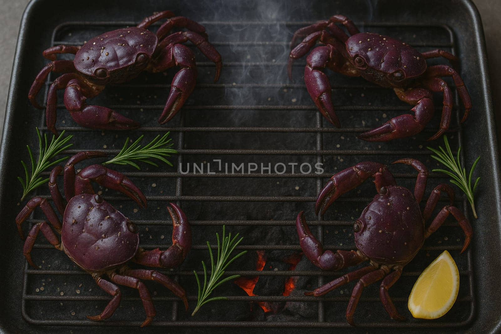 AI generated top view of fresh mangrove crabs grilled over charcoal, perfectly cooked with smoky aroma and rich tomalley. Seasoned with salt and black pepper, garnished with rosemary and lemon slices.