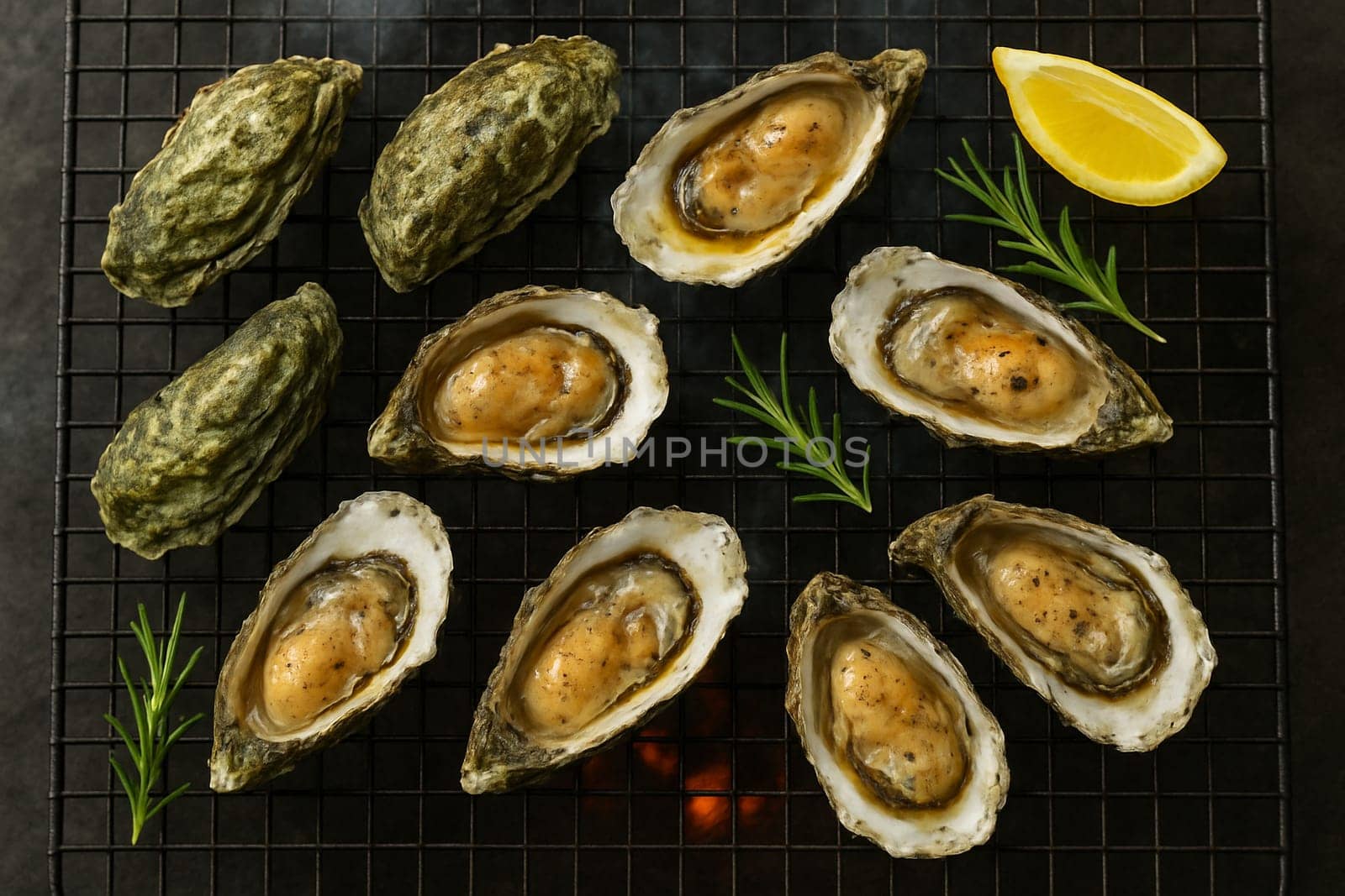 AI generated top view of fresh oysters grilled over charcoal, some shells open revealing plump juicy meat inside. Perfectly cooked with smoky aroma, seasoned with salt and black pepper, garnished.