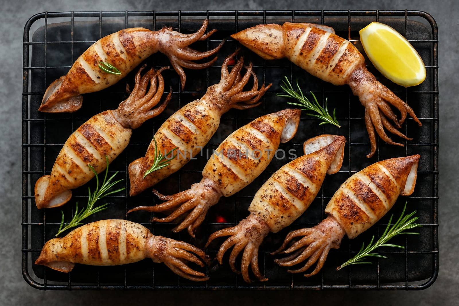 AI generated top view of fresh splendid squid grilled over charcoal, perfectly cooked with tender texture and smoky aroma. Seasoned with salt and black pepper, garnished with rosemary lemon slices.