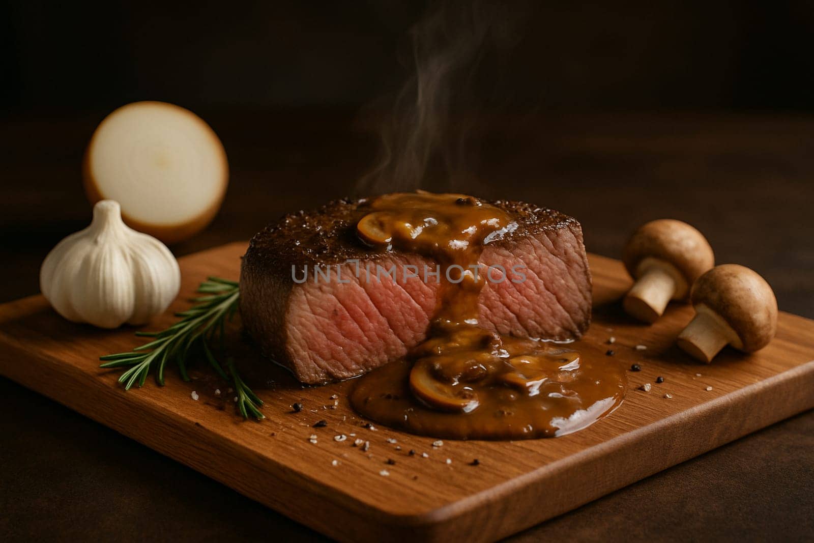 AI generated image of juicy medium rare steak resting on wooden cutting board, served with roasted garlic, onions, rosemary and mushrooms. Drizzled with rich mushroom gravy with salt and black pepper.