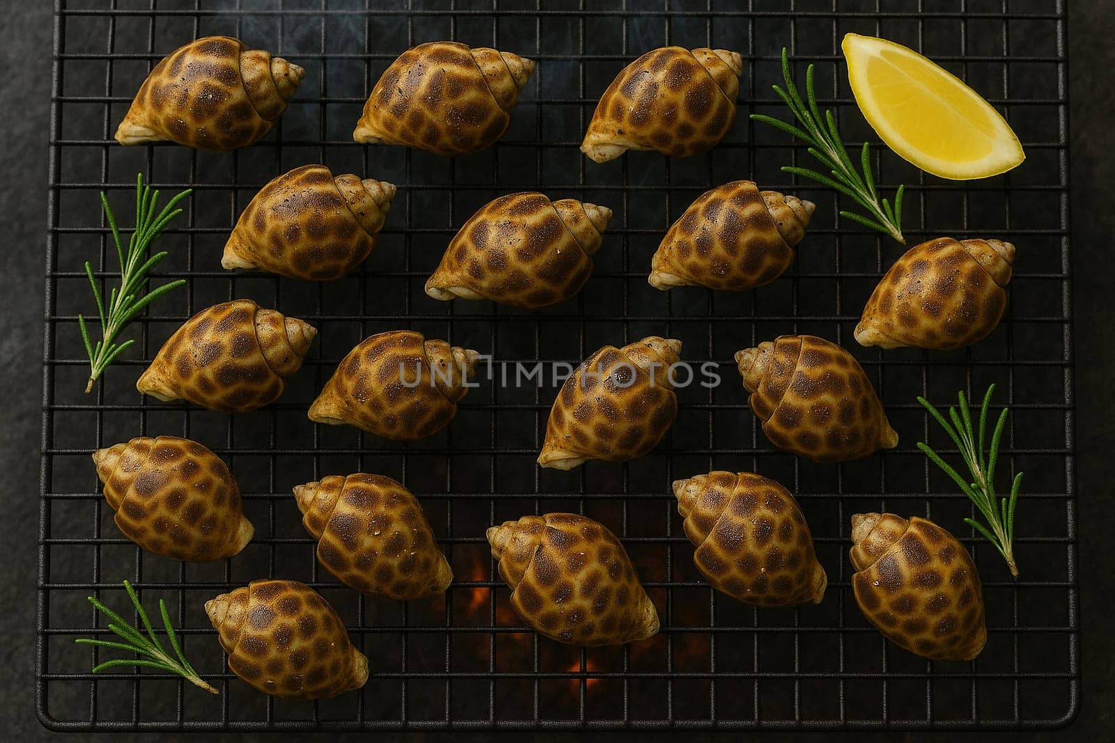 AI generated top view of fresh sweet clams grilled over charcoal, perfectly cooked with smoky aroma and juicy meat. Seasoned with salt and black pepper, garnished with rosemary and lemon slices.
