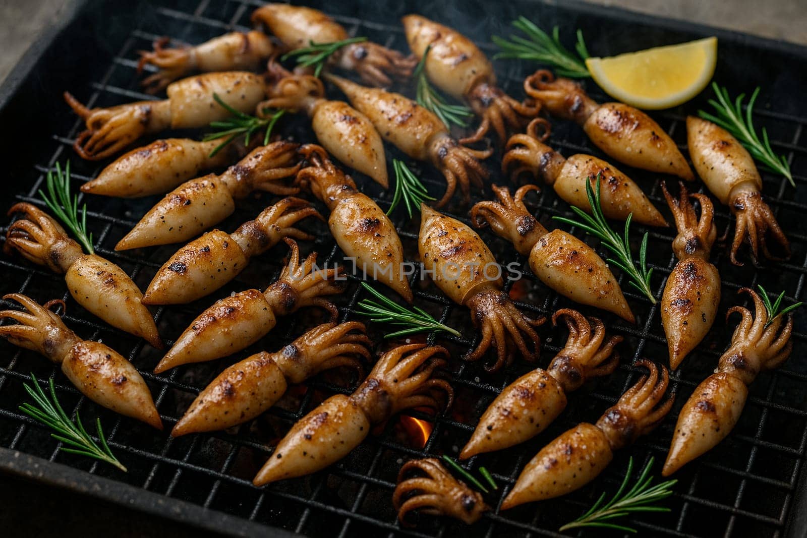 AI generated top view of fresh beka squid grilled over charcoal, perfectly cooked with tender texture and light smoky aroma. Seasoned with salt and black pepper, garnished with rosemary sprigs.