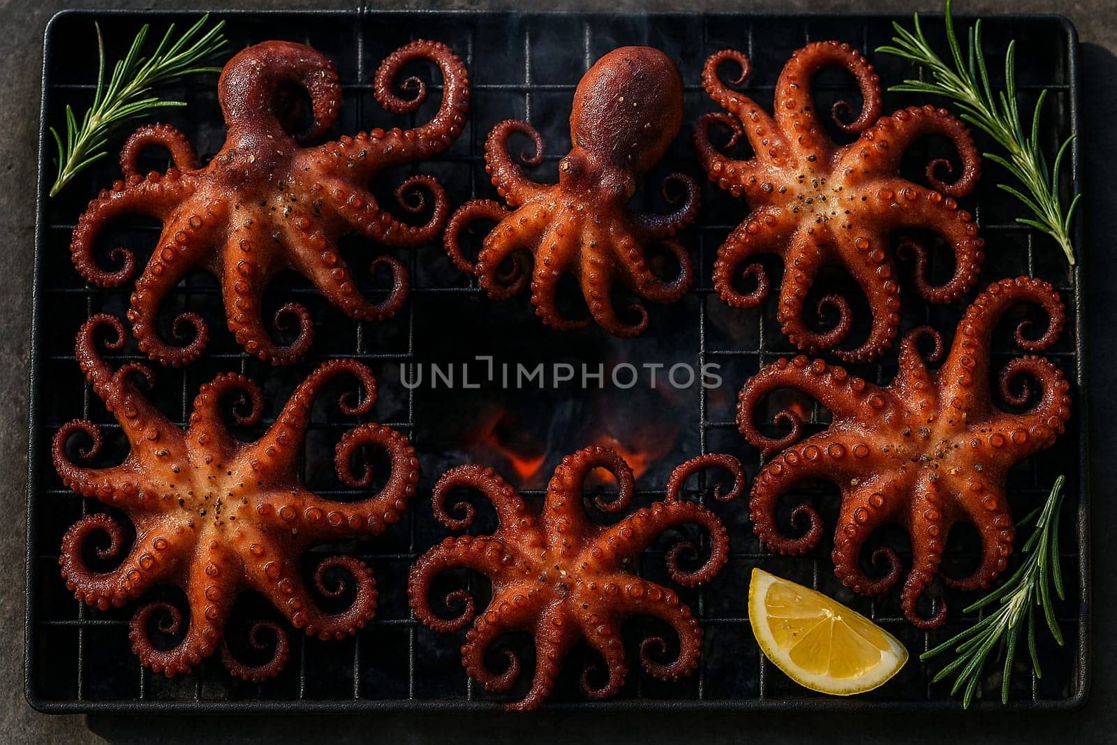 AI generated top view of tender octopus grilled over charcoal, perfectly cooked with smoky aroma and charred edges. Seasoned with salt and black pepper, garnished with fresh rosemary and lemon wedges.