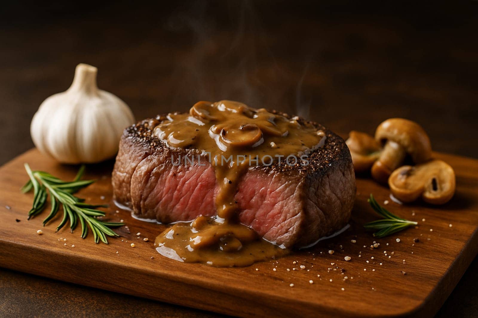 AI generated image of juicy medium rare steak resting on wooden cutting board, served with roasted garlic, onions, rosemary and mushrooms. Drizzled with rich mushroom gravy with salt and black pepper.