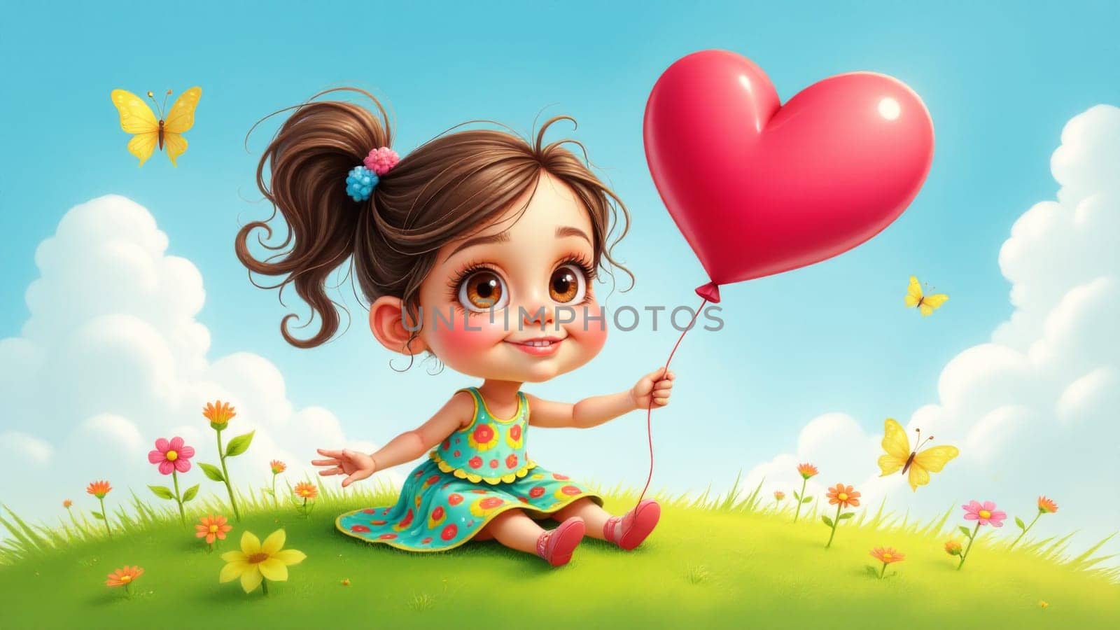 A cheerful girl sits in a lush meadow, brightly colored flowers surrounding her. She clutches a heart-shaped balloon, delighting in the sunny day, while butterflies flit about nearby.