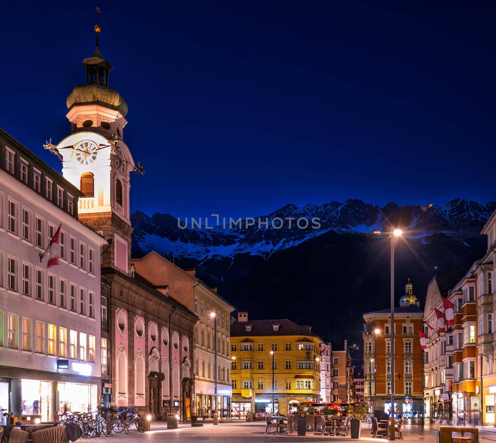 Spitalkirche church in Innsbruck city at night