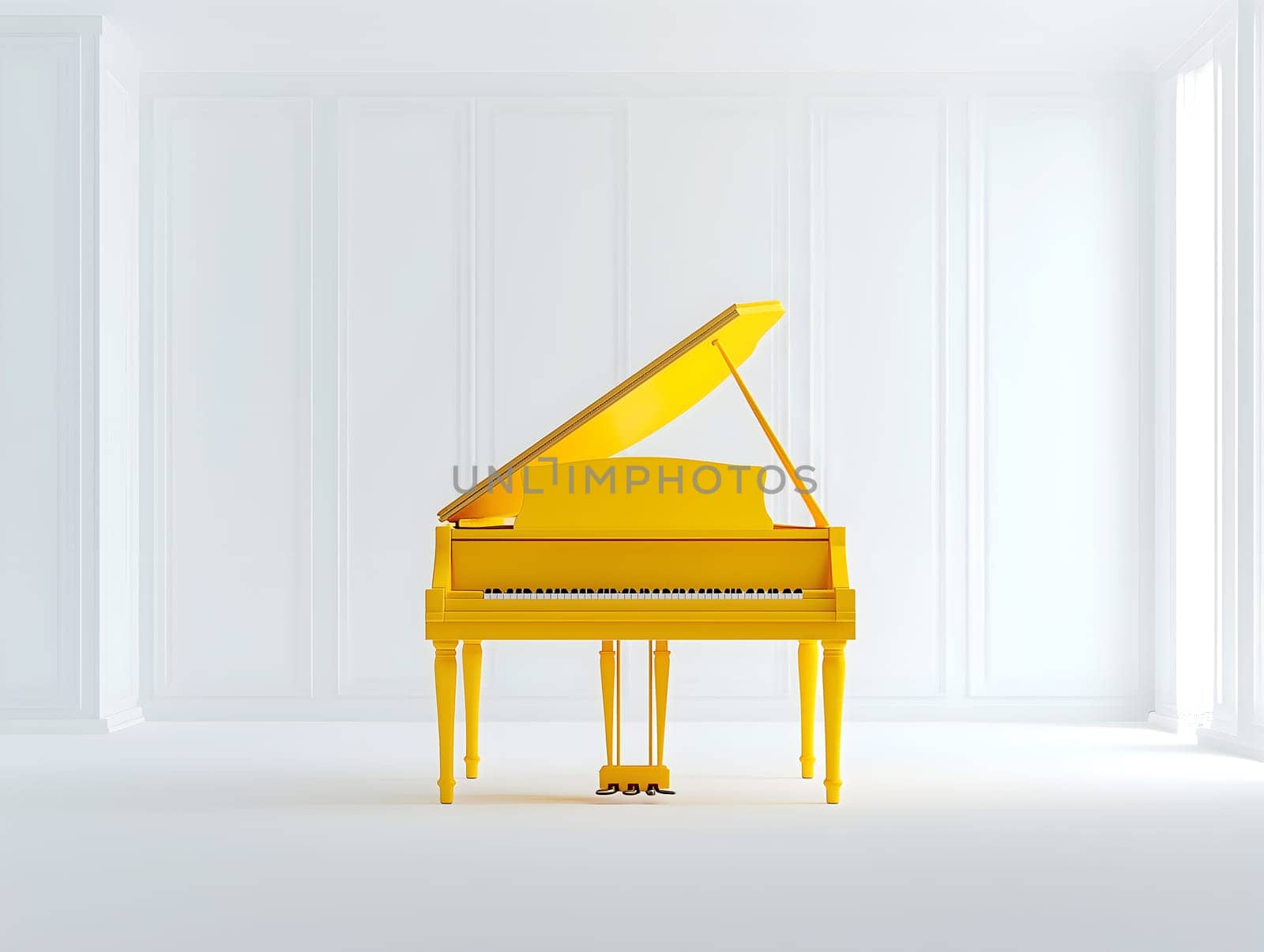 Bright yellow grand piano stands in a white minimalist interior with soft natural lighting, creating a striking modern surreal contrast, generated by artificial intelligence for visual impact