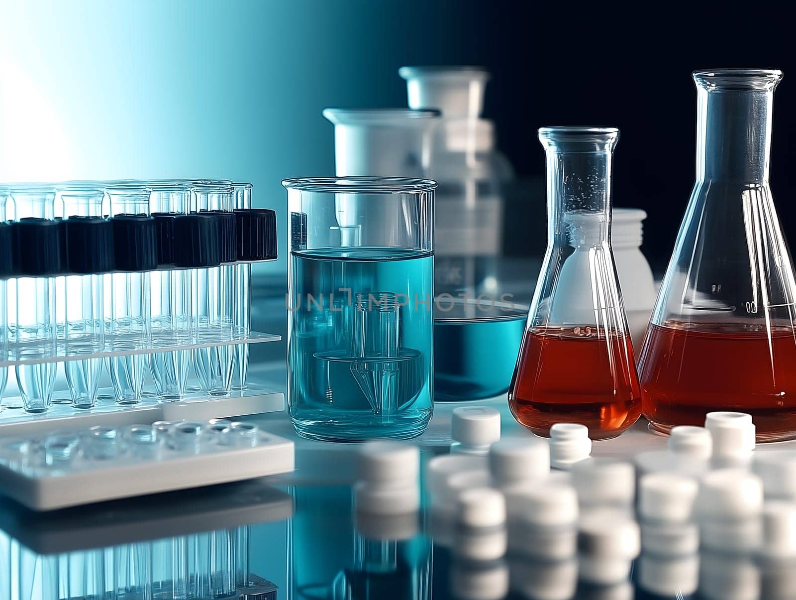 Scientific glass containers with blue and red liquids alongside white tablets, symbolizing medical research, pharmaceutical development, and innovation, generated by artificial intelligence for science themes