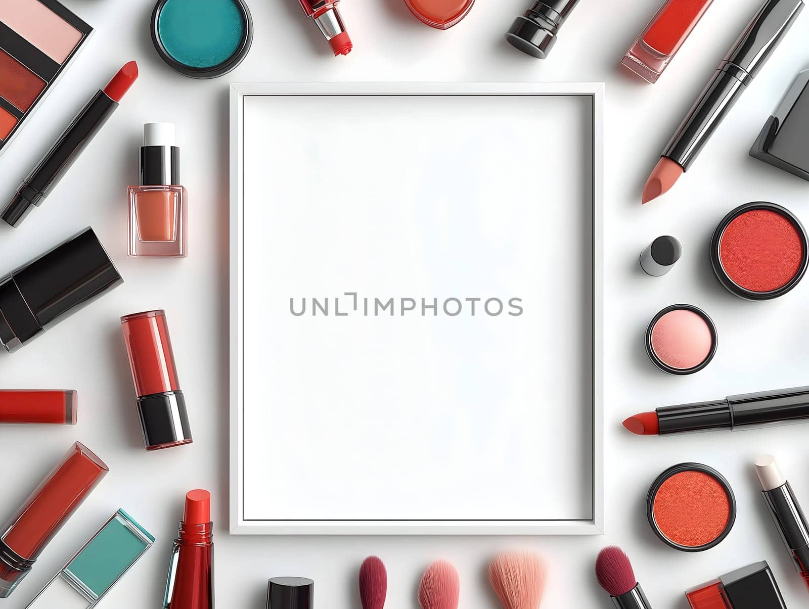 Top view of assorted makeup products forming a frame around a blank white center, ideal for banners, promotions, or beauty brand ads, created by artificial intelligence for cosmetic visuals,banner with copy