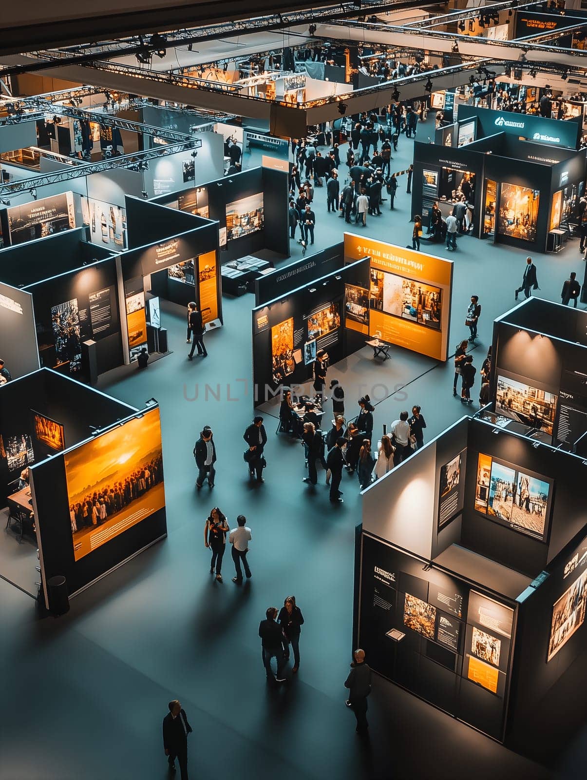Vertical image showing a large modern art exhibition or trade fair with numerous stylish booths, warm lighting, and groups of people walking and observing creative displays in a cultural indoor space.