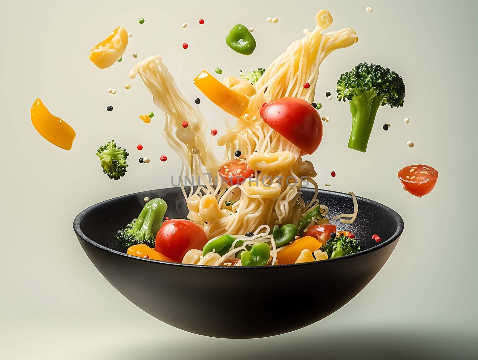 AI generated image showing flying noodles, cherry tomatoes, broccoli, and peppers above a black bowl in mid-air, captured in motion to emphasize freshness, color, and modern culinary creativity.
