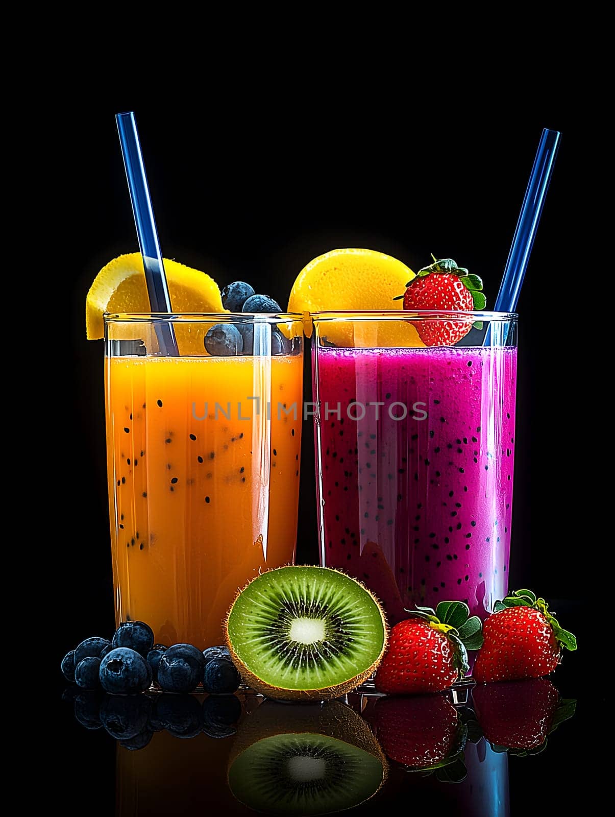 AI generated vertical image of two glasses filled with vibrant orange and magenta fruit juices, surrounded by strawberries, blueberries, kiwi, and citrus on a reflective black background.