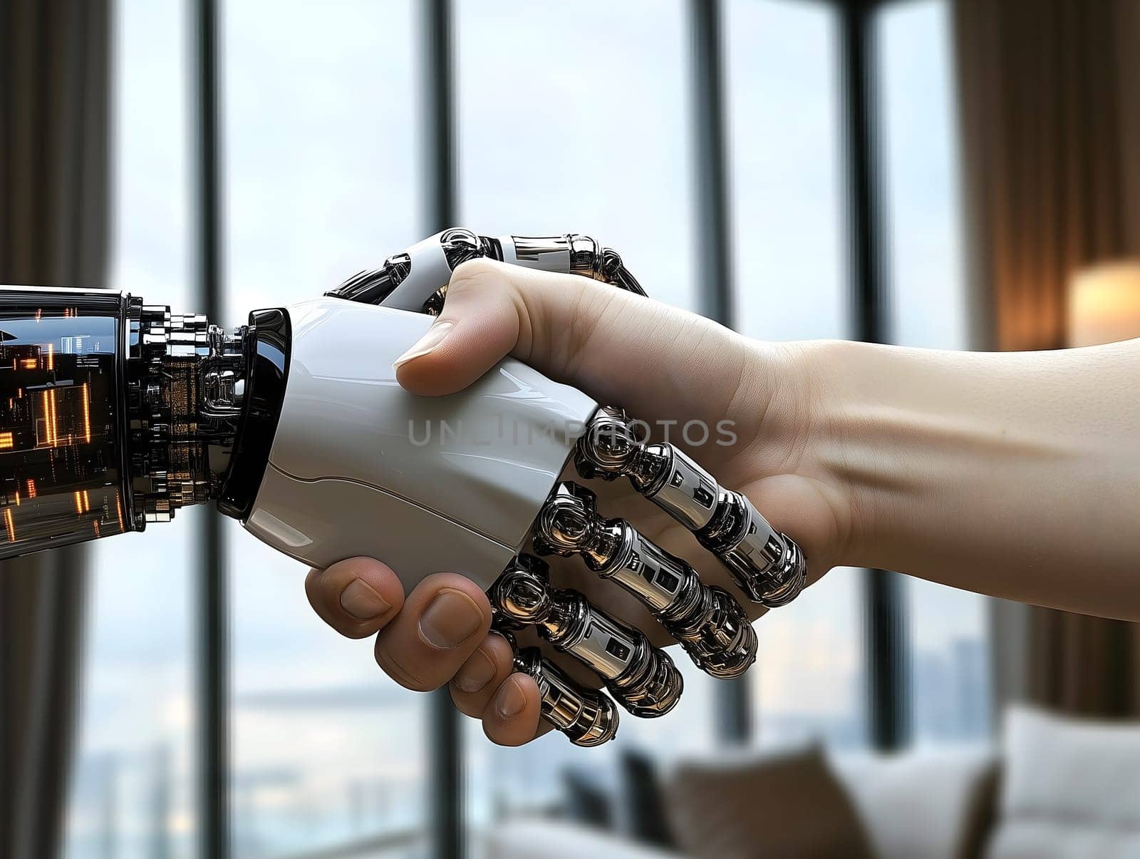 AI generated image of a human shaking hands with a robotic hand in a modern indoor setting, symbolizing cooperation between artificial intelligence and humanity in innovation, trust, and progress.