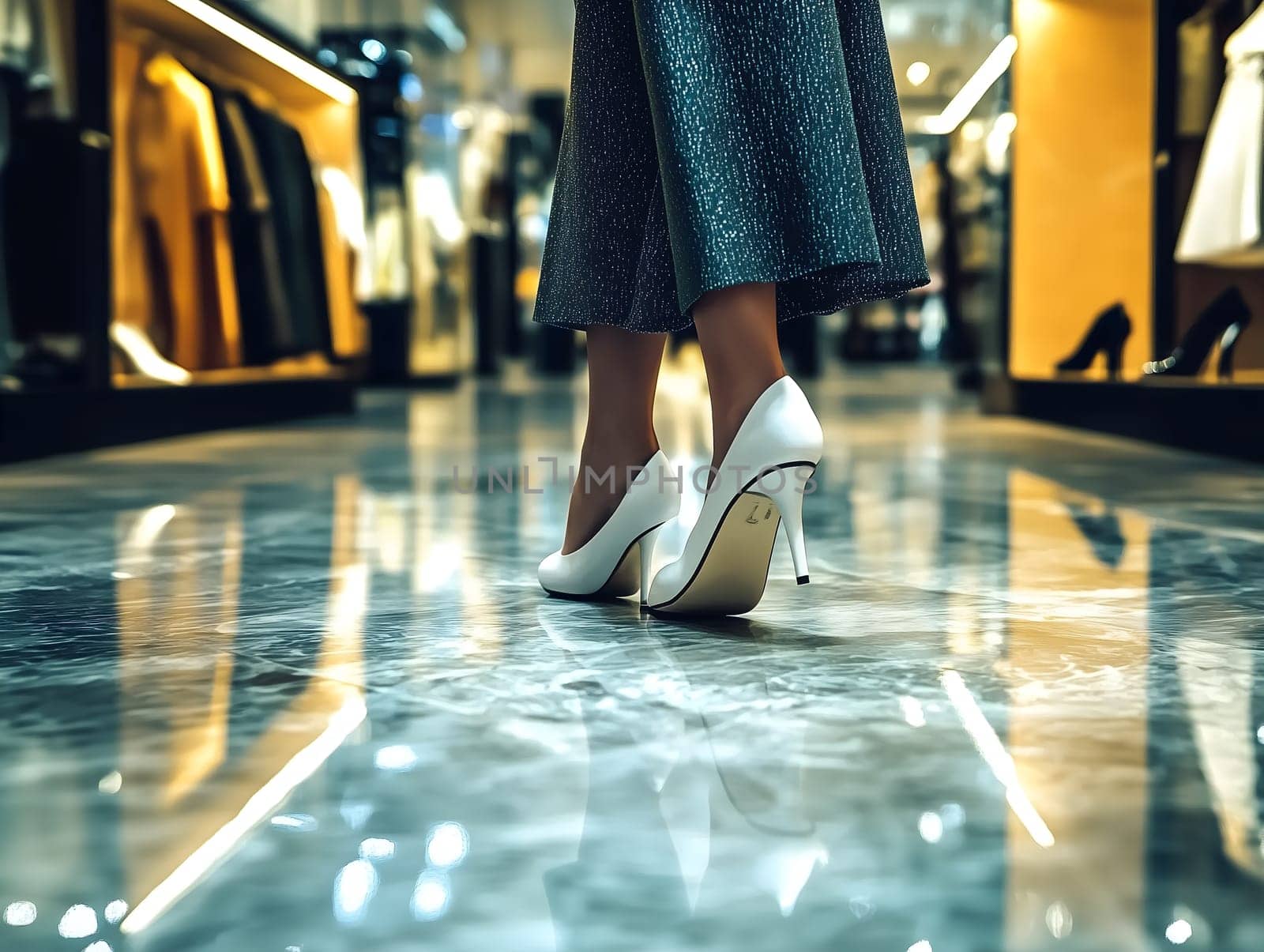 Fashionable woman in white high heels walking through a high-end clothing boutique with glossy marble floors and golden lighting, showcasing elegance, luxury retail, and modern style.