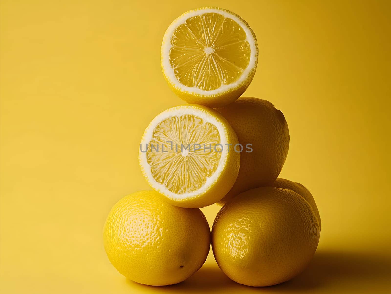 Studio shot of five lemons stacked in a pyramid shape with two cut halves on top, all placed against a vibrant yellow background, highlighting freshness, citrus texture, and color harmony.