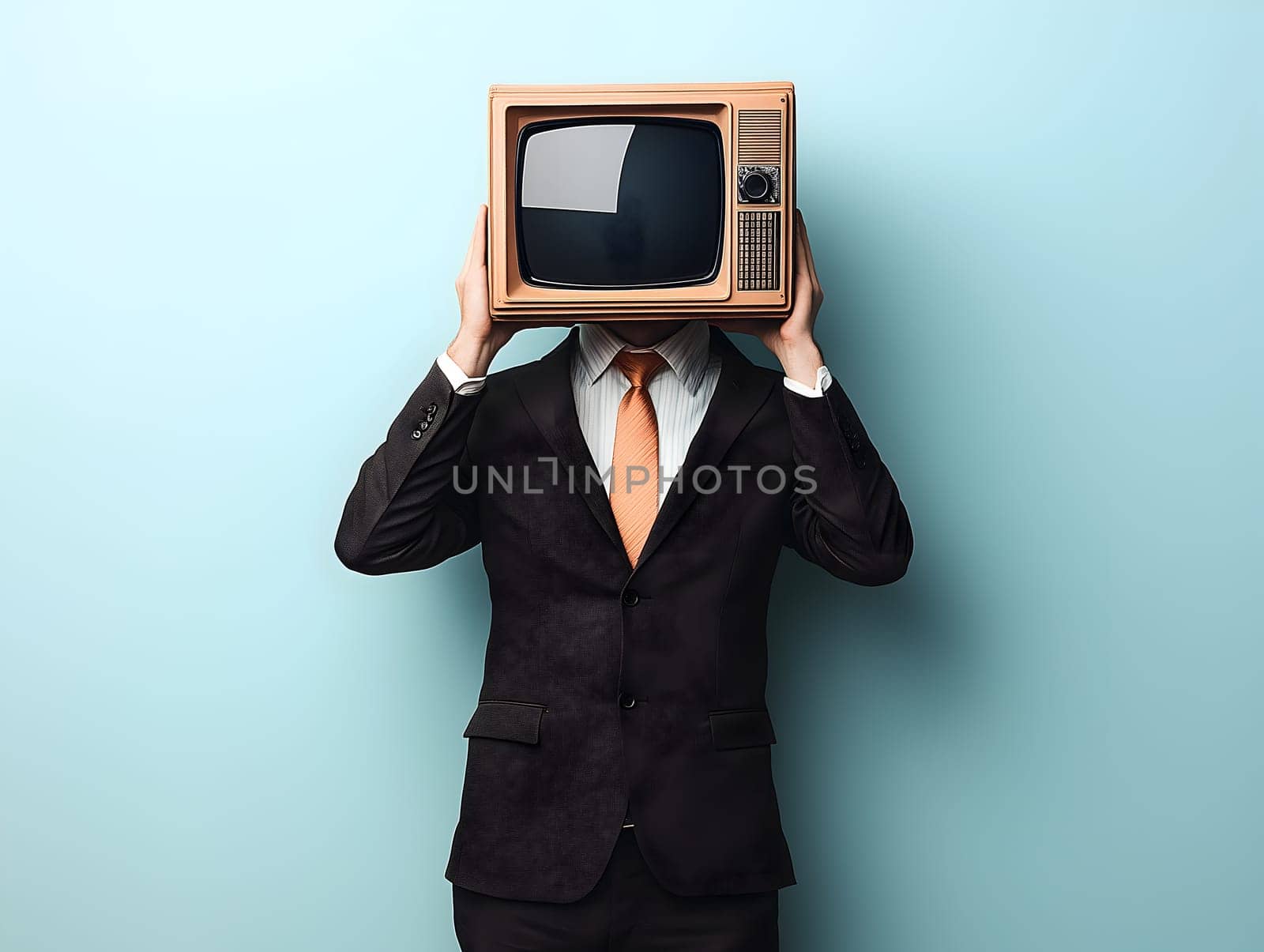 Surreal image of a man in a formal black suit with an old television on his head, standing against a light blue wall, symbolizing media influence, retro technology, and abstract identity themes.