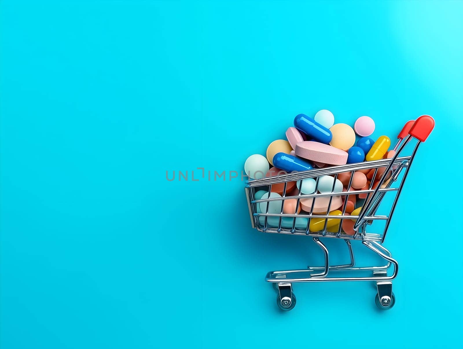 Conceptual image of a miniature shopping cart loaded with colorful capsules and pills placed on a bright blue background with copy space, symbolizing pharmaceutical shopping, health, and medication choices.