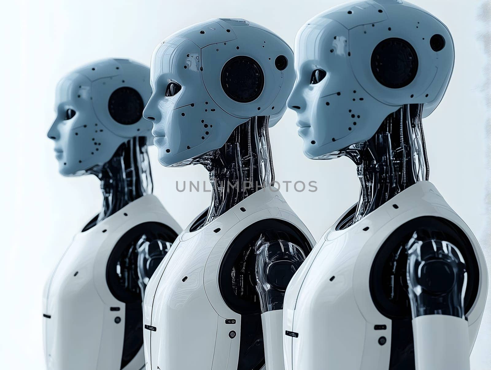 AI generated image showing three humanoid robots standing side by side with sleek white bodies and blue heads, representing advanced robotics, artificial intelligence, and futuristic android technology.