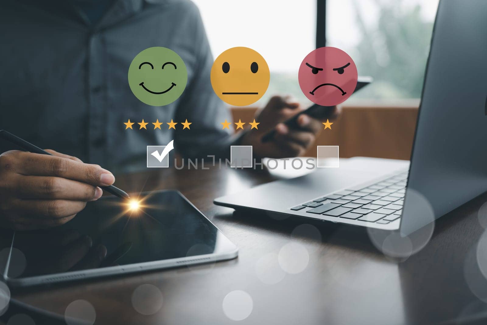 Customer satisfaction and service quality survey being conducted by businessman using a virtual screen to measure feedback through smiley face icon with the highest level. Result is a positive review