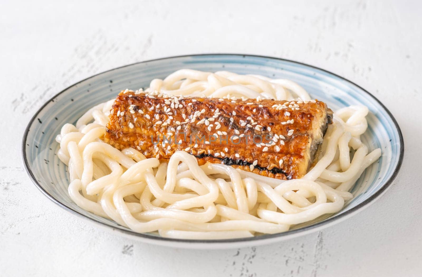 Thick udon noodles topped with glazed eel, richly coated in savory unagi sauce