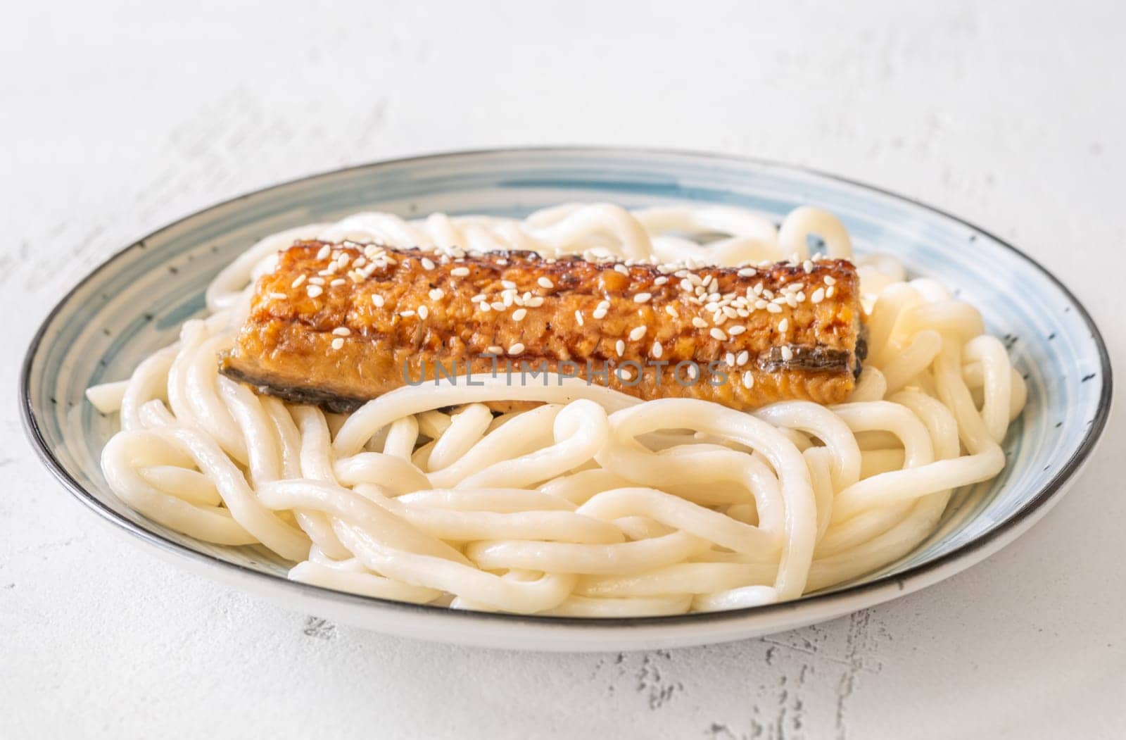 Thick udon noodles topped with glazed eel, richly coated in savory unagi sauce