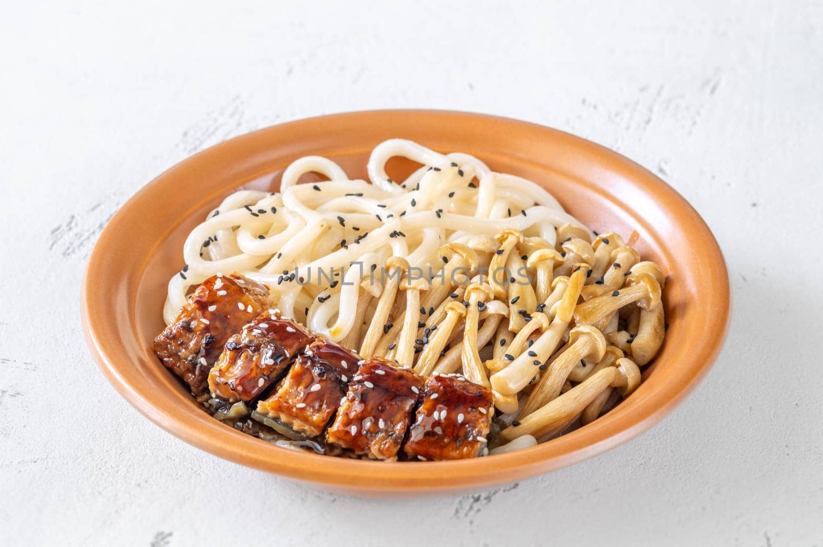 A hearty udon bowl topped with eel, mushrooms, and toasted sesame garnish