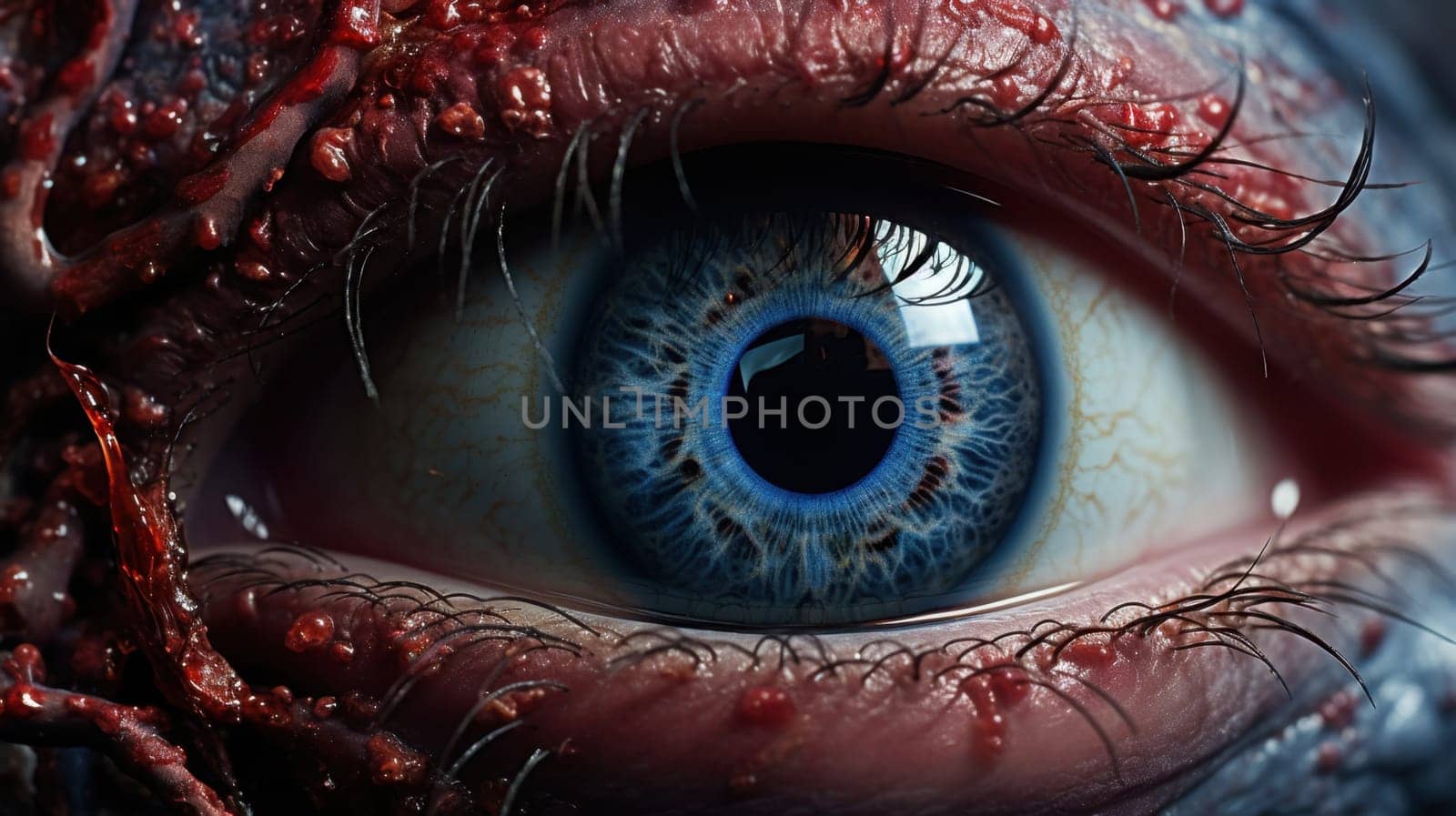 The eye is looking directly at the camera with a look of fear and pain. The surrounding skin is red and inflamed, and the veins are clearly visible. The overall effect is one of horror and revulsion.