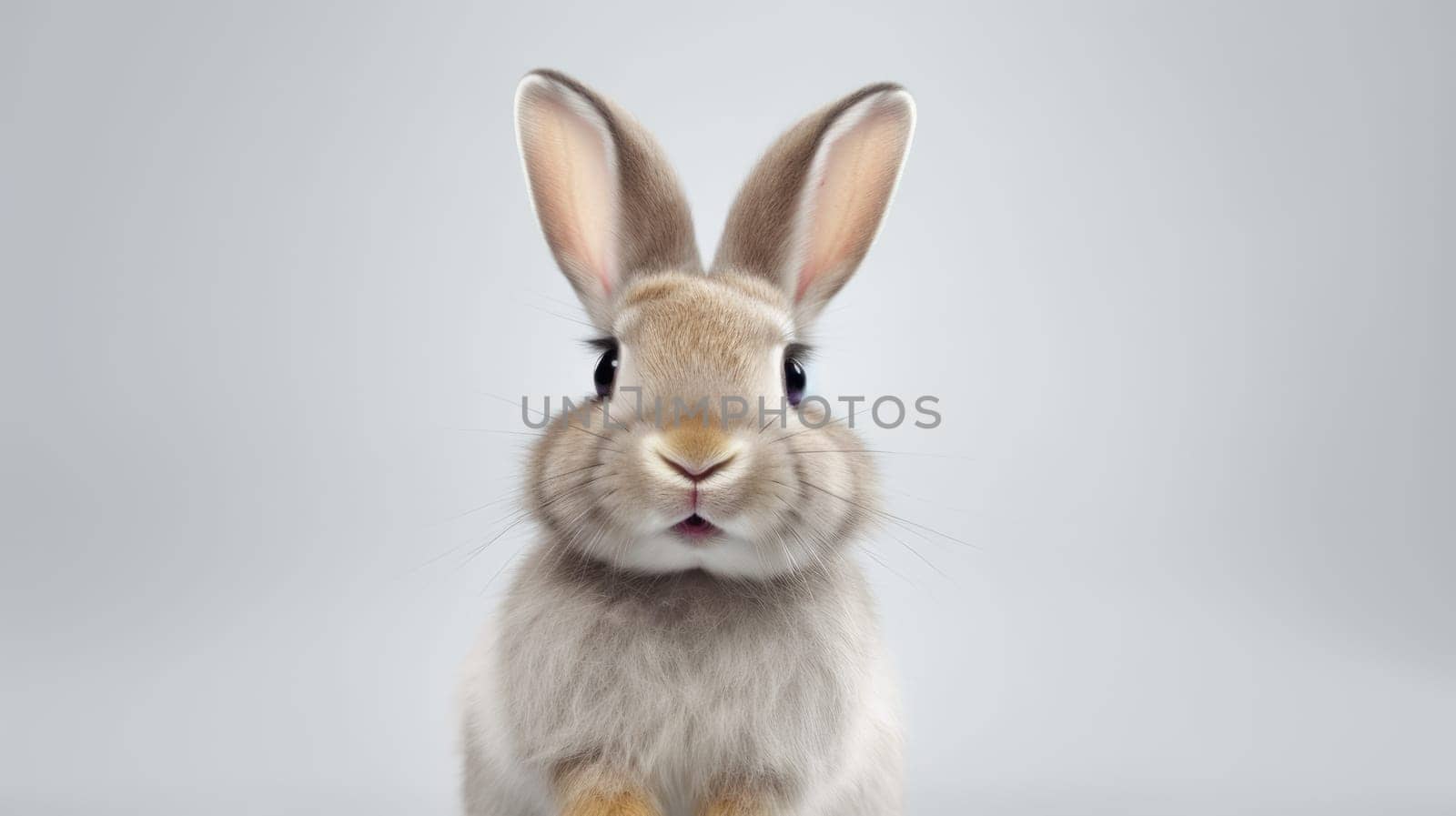 Curious Funny Cute Bunny with Big Eyes on Light Background, Cute Animal Portrait.