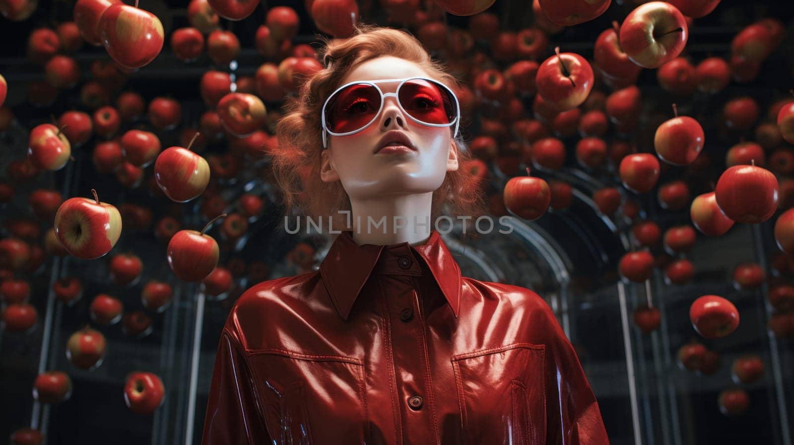 A young female model with long red hair and red sunglasses is wearing a red leather jacket. Red apples are falling around her. The background is dark with a geometric pattern.