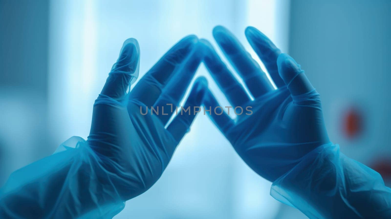 A pair of blue latex gloves isolated on a white background. The gloves are slightly wrinkled and have a smooth, matte finish. They are form-fitting and have a textured grip on the palms and fingers.