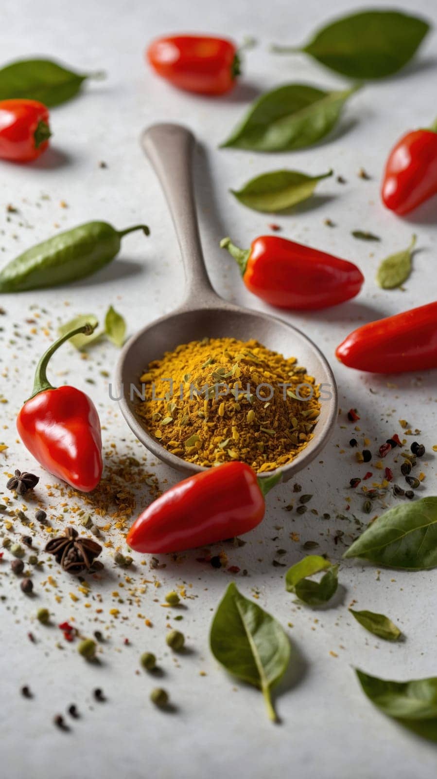 An array of vibrant red chili peppers and assorted spices like turmeric, cumin, and black peppercorns displayed on a bright white background, creating an appealing and colorful culinary presentation.