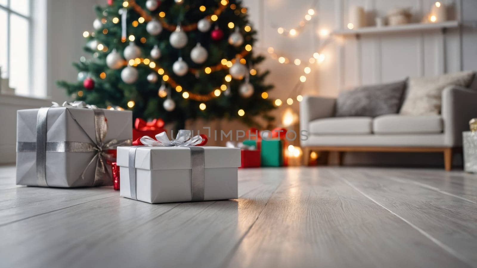 A stunning Christmas tree in a cozy living room features wrapped presents underneath. The tree is adorned with twinkling lights, beads, and ribbons, creating a festive atmosphere.