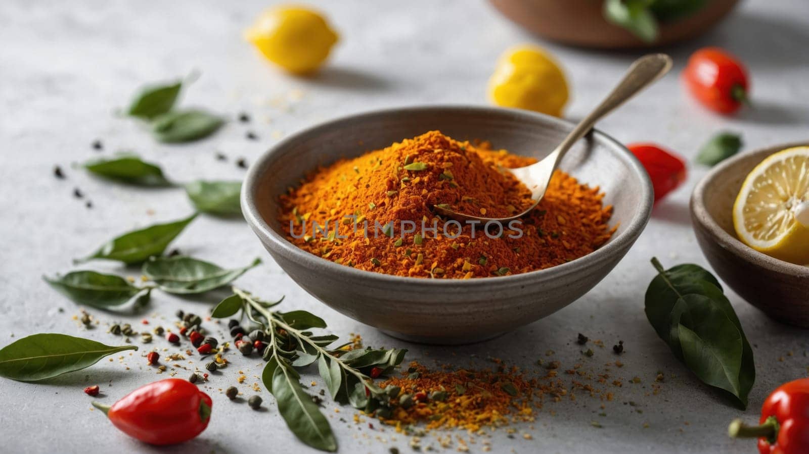 Close-up of a bowl filled with a vibrant orange spice powder. The powder is sprinkled with ground chili peppers and paired with fresh lemon wedges and leafy green herbs on a concrete background.