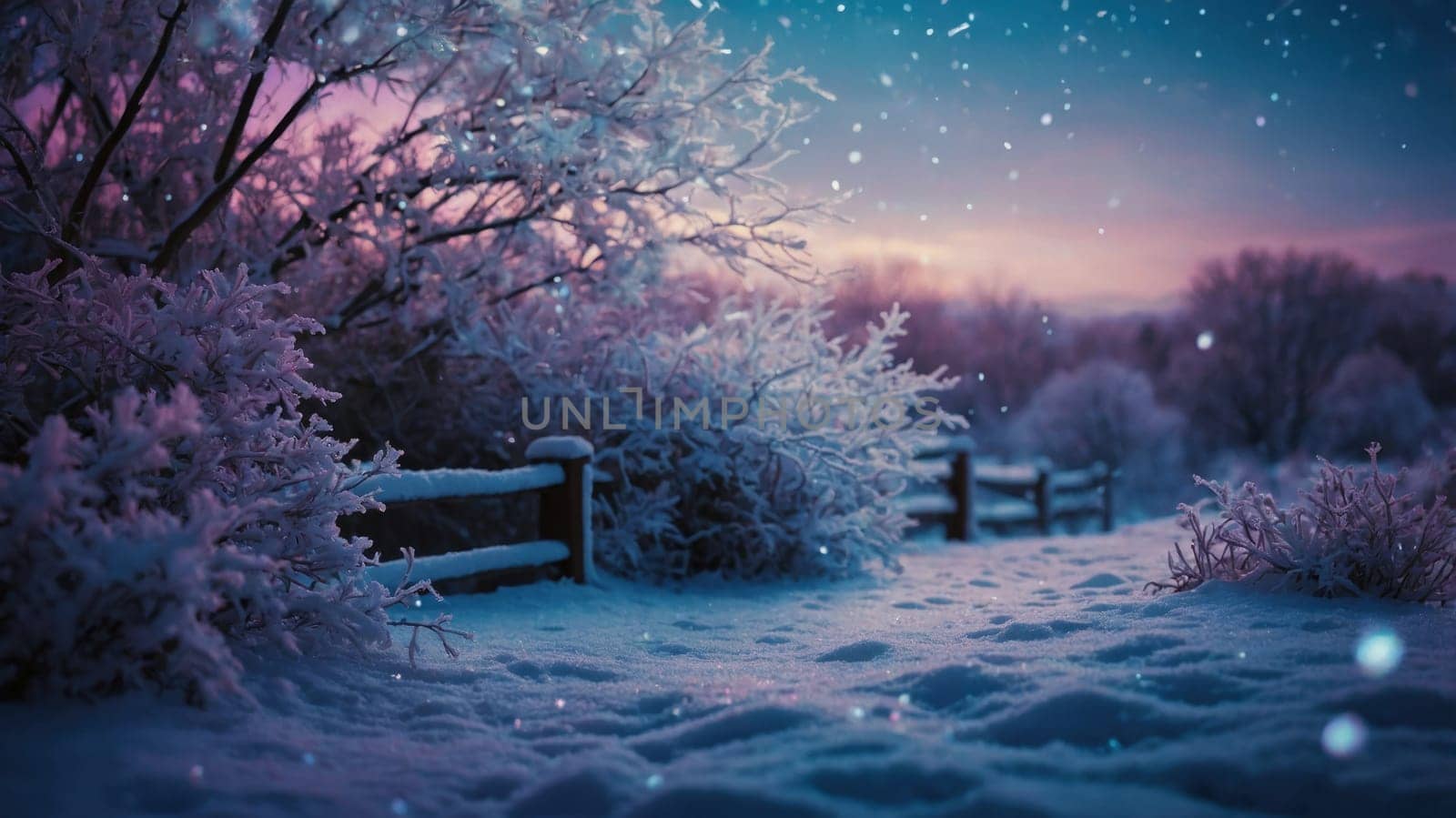A serene winter landscape showcases snow-covered trees and a rustic wooden fence. The bright white snow contrasts beautifully with the light blue sky, creating a picturesque scene.