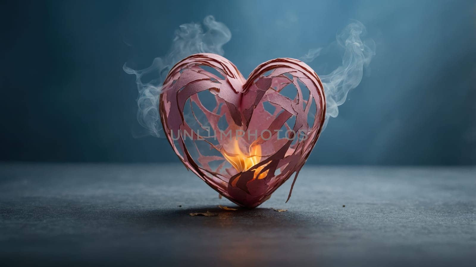 This image features a cutout of a heart shape made of pink paper. The heart is on fire, and smoke is rising from it. The heart is isolated on a dark blue background.