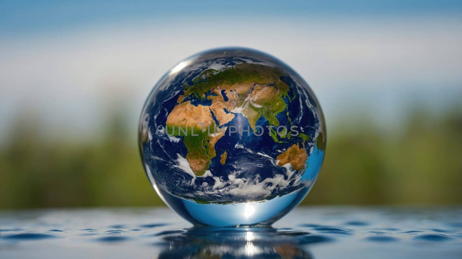 A stunning transparent glass ball rests on a vibrant green grass field, perfectly reflecting the Earth with its rich colors. The soft blue background enhances the scene, creating a serene atmosphere.
