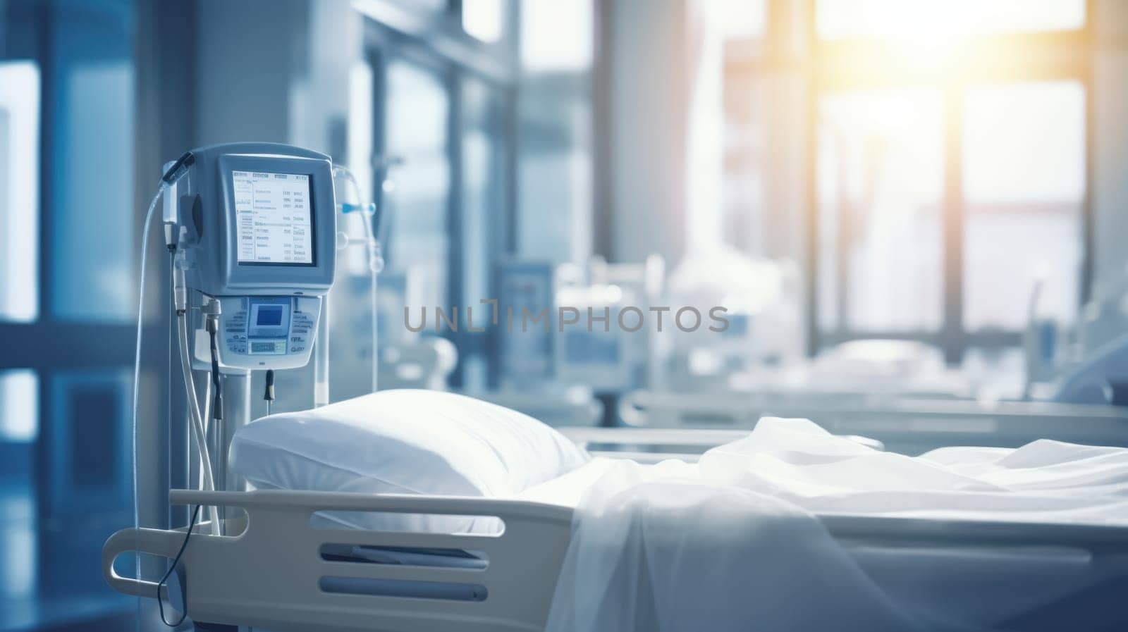 Modern hospital room interior with empty bed and medical equipment.