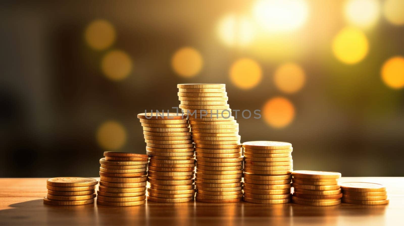 A closeup of a stack of gold coins on a wooden table illuminated by warm light. The coins vary in size and denomination, creating a visually appealing and inviting display.