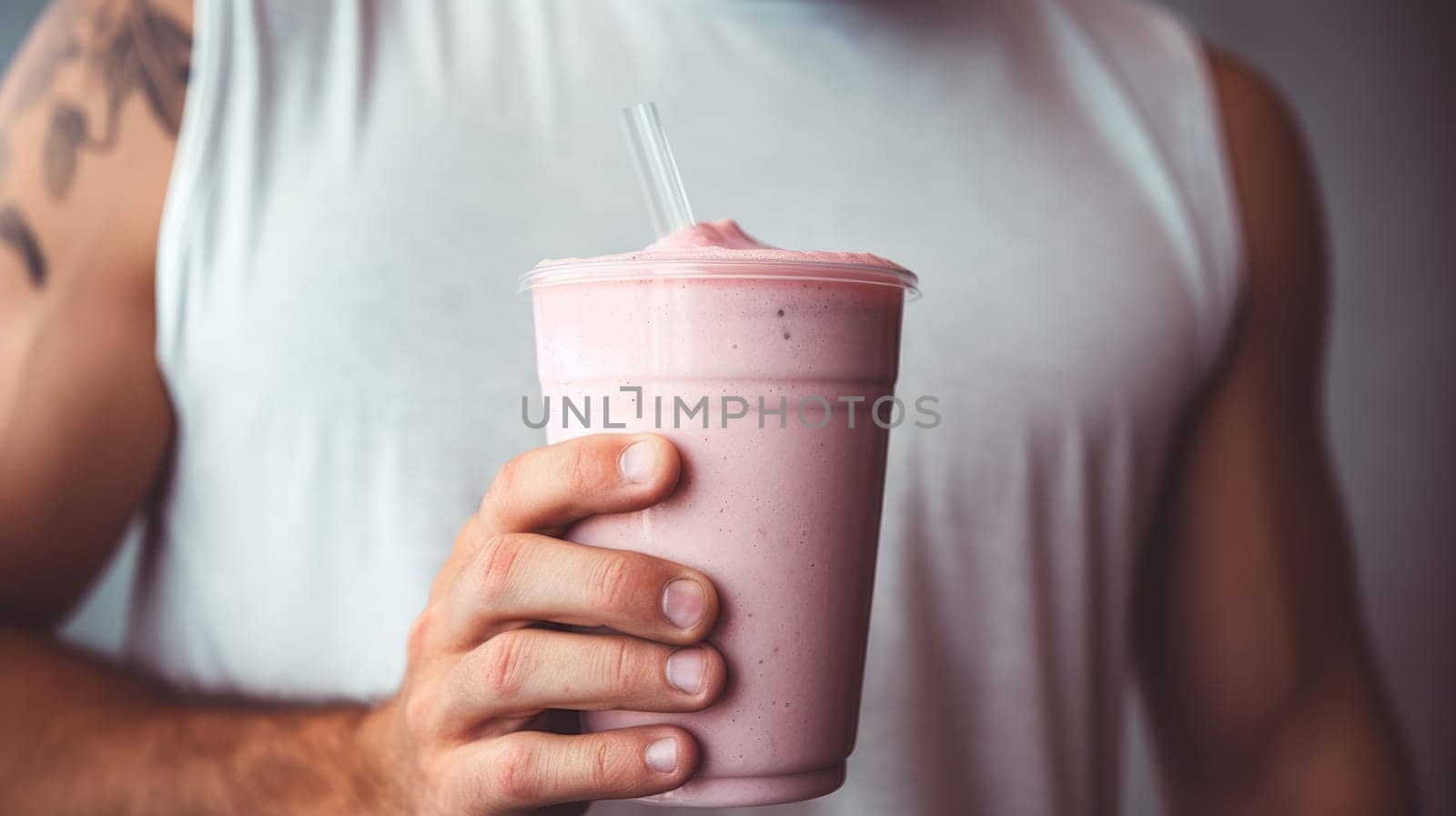 Excited man enjoying a nutritious pink smoothie with fruits in a vibrant studio setting.