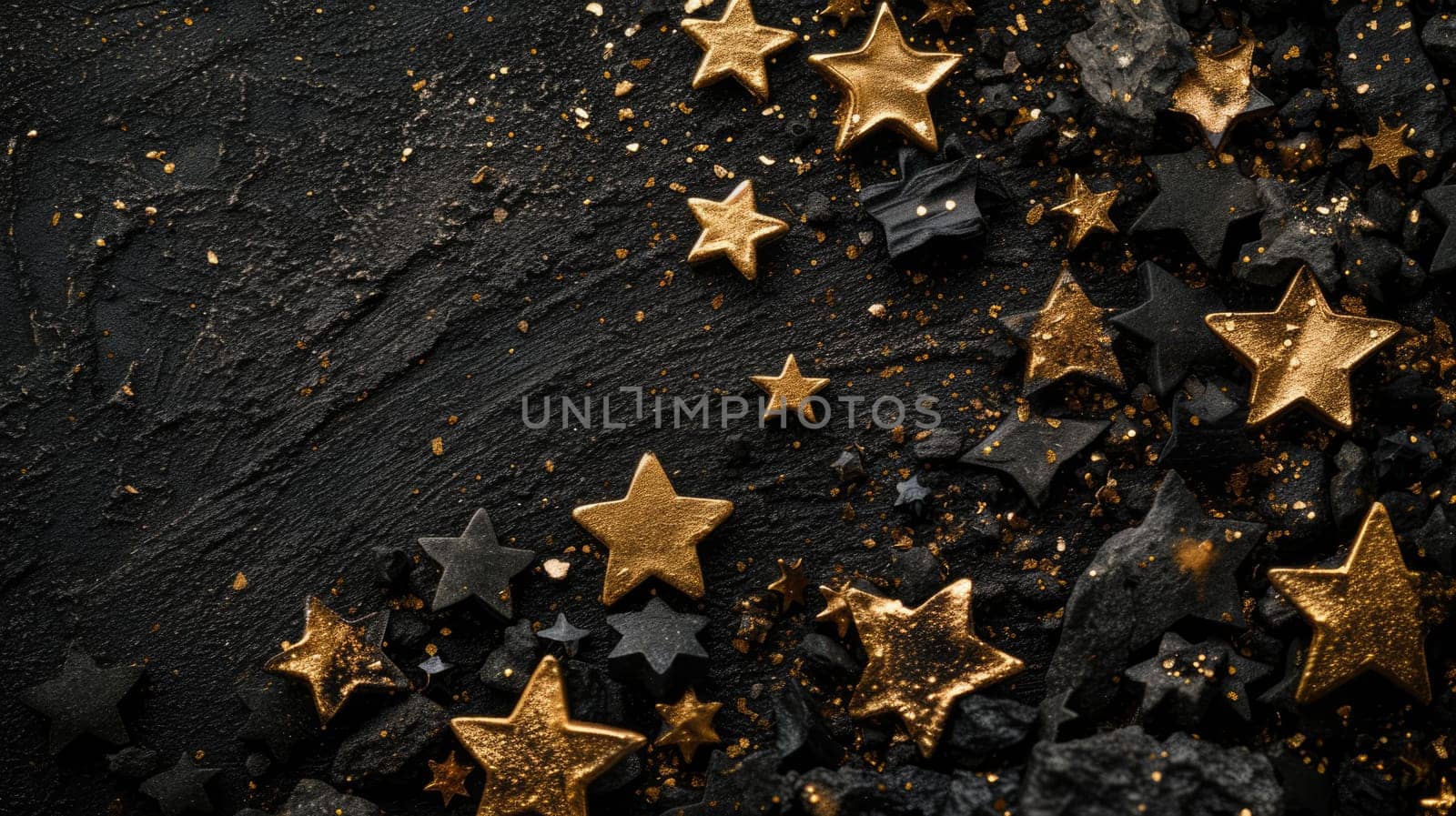 Golden stars scattered on a black stone surface with a golden glitter background.