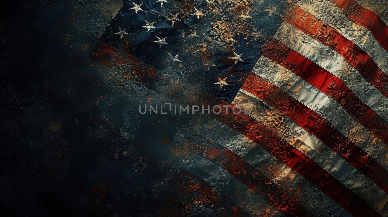 This image features a close-up of a weathered American flag with a hole in the middle, showcasing its tattered edges and vibrant red, white, and blue colors as a symbol of patriotism.